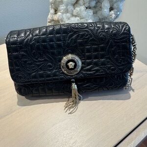 Versace Black Quilted Leather Medusa Tassel Clutch